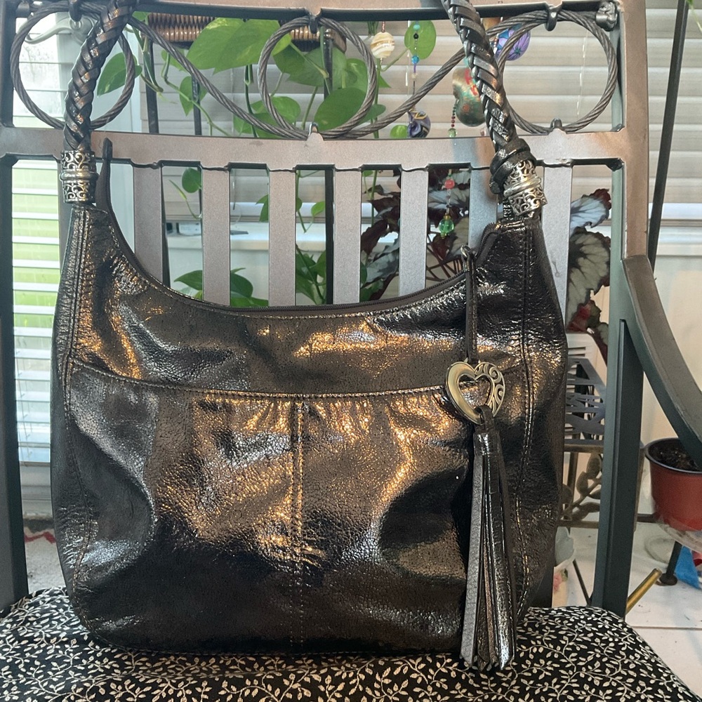 BRIGHTON SILLVER METALLIC LEATHER SHOULDER BAG BRAIDED STRAP MULTI POCKETS